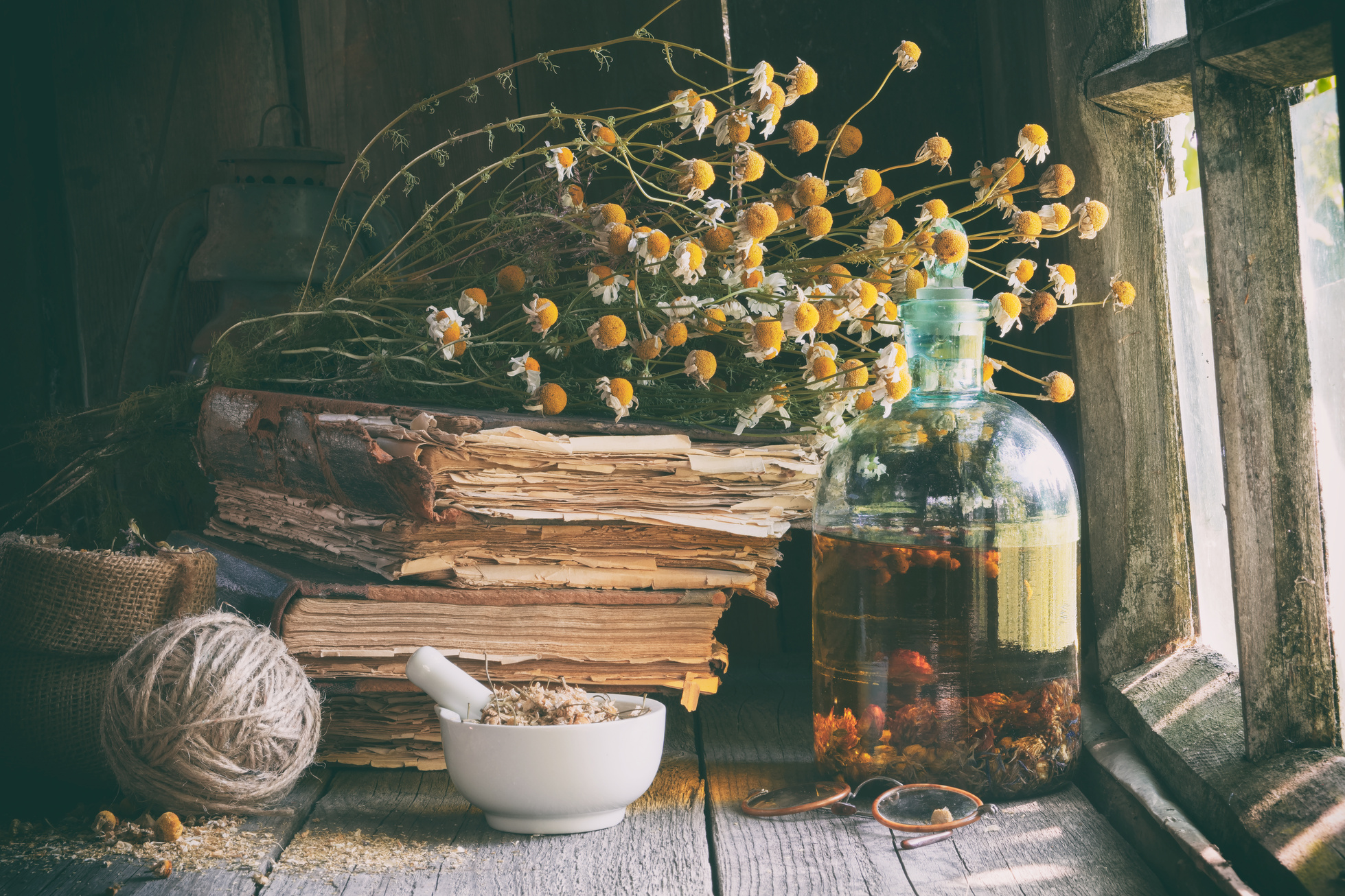 Dried Healing Herbs, Bottle of Infusion, and Old Books